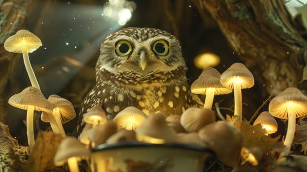 Burrowing Owl, peeking out from a teacup filled with glowing mushrooms, its surprised expression illuminated by a beam of light from a giant.