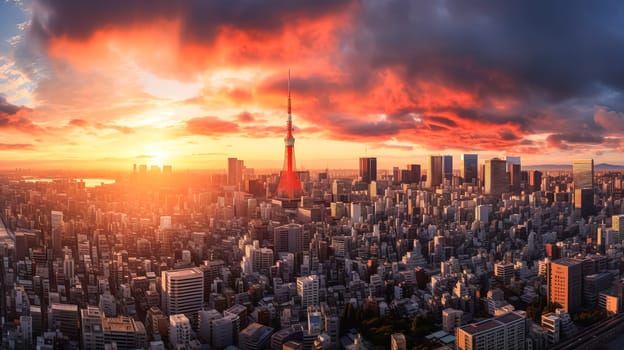 A city skyline with a red and orange sunset in the background. The sun is setting behind a tall tower