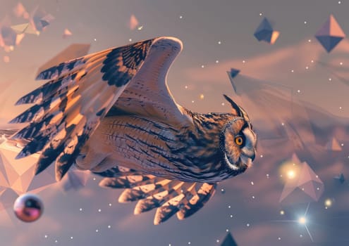 Long-eared Owl in mid-flight, its wings leaving a trail of stardust as it soars through a surreal, geometric landscape.