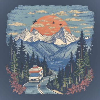 A painting of a road with a van and a sun in the sky. The mood of the painting is peaceful and serene