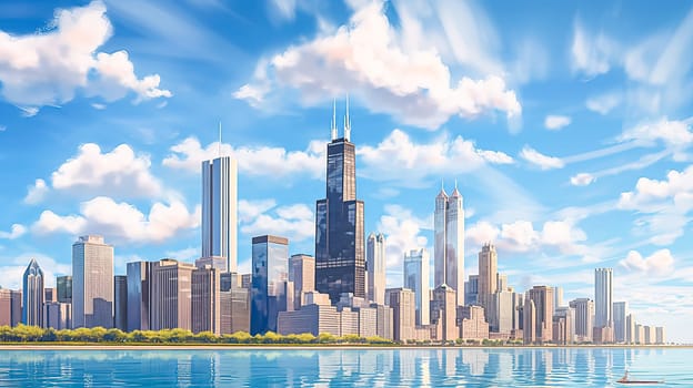 A city skyline with a large building in the middle. The sky is blue with some clouds. The water is calm and reflects the city