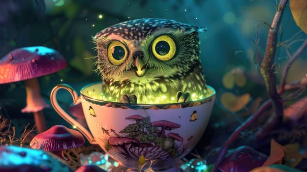 Burrowing Owl, peeking out from a teacup filled with glowing mushrooms, its surprised expression illuminated by a beam of light from a giant.