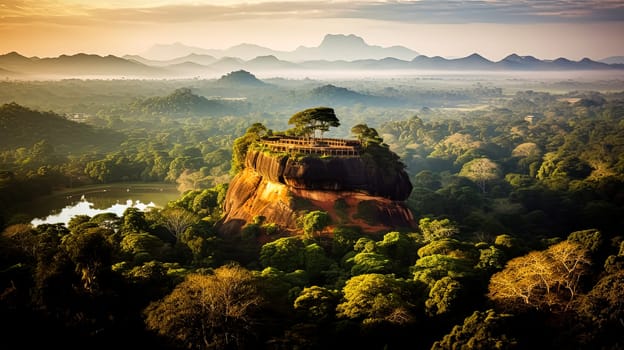 A mountain top with a tree on it and a forest below. The mountain is covered in trees and the sky is cloudy