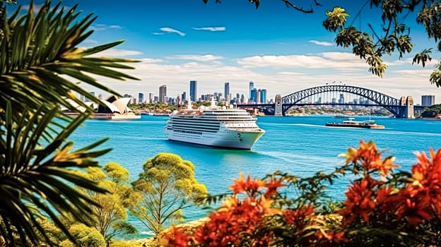 A large cruise ship is sailing in the ocean near a city. The ship is white and is the center of attention in the scene. The city is in the background, and there are several boats in the water