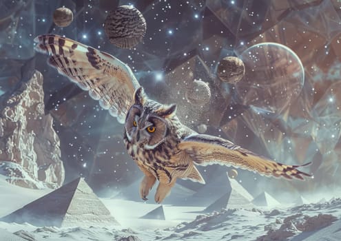 Long-eared Owl in mid-flight, its wings leaving a trail of stardust as it soars through a surreal, geometric landscape.