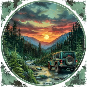 A jeep is driving down a dirt road in the woods. The sun is setting in the background, casting a warm glow over the scene