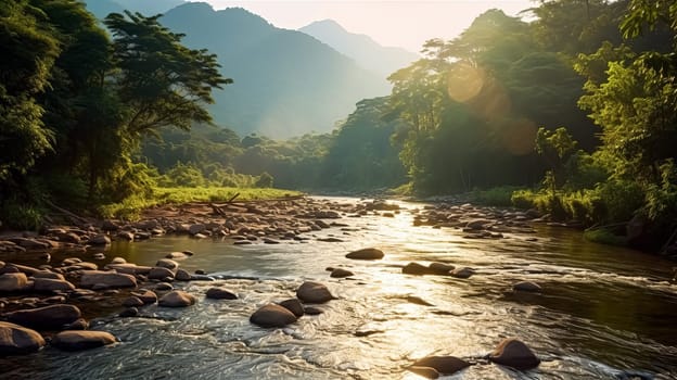 A river with a forest on either side. The water is clear and calm. The trees are tall and green