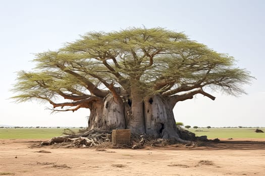 A large tree with a trunk that is about as wide as a person. The tree is surrounded by a dry, barren landscape