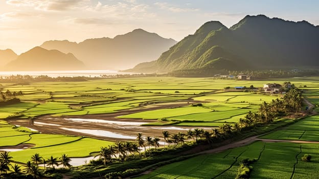 A beautiful landscape with mountains and a beach. The mountains are covered in green grass and the beach is calm and peaceful