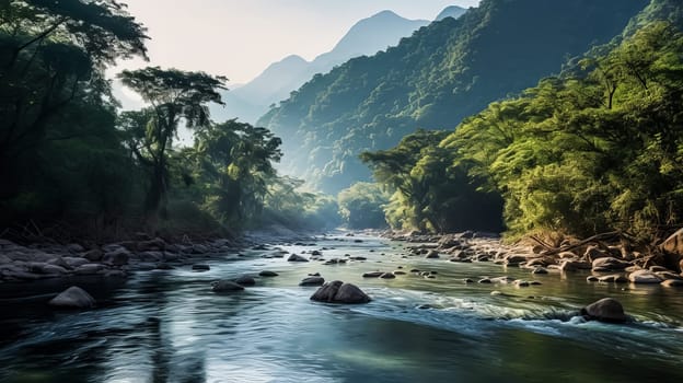 A river with a forest on either side. The water is clear and calm. The trees are tall and green