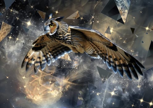 Long-eared Owl in mid-flight, its wings leaving a trail of stardust as it soars through a surreal, geometric landscape.