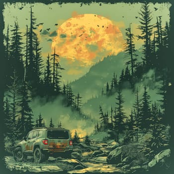 A car is driving down a road in the woods. The car is a Jeep Wrangler. The sky is filled with clouds and the moon is visible in the background