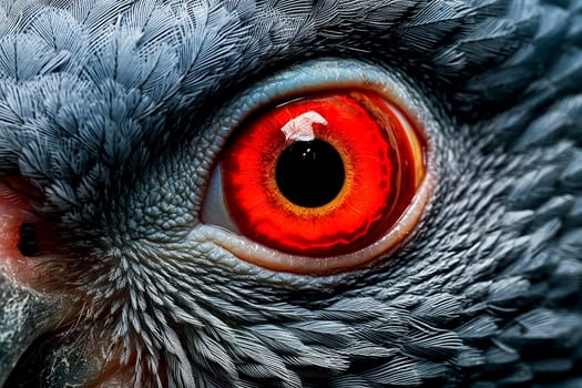 A close up of a bird's eye with a red iris. The eye is surrounded by feathers and the bird's beak is visible. Concept of curiosity and wonder