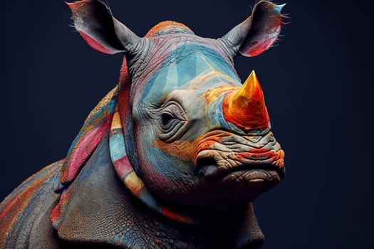 A rhino with a colorful face and a colorful scarf around its neck. The rhino is painted in a way that it looks like it is wearing a colorful outfit