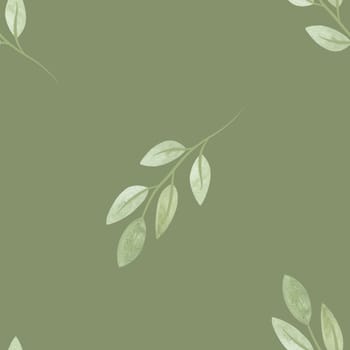 Cute spring soft green twigs with leaves in sketch style. Seamless watercolor pattern for fabric, wallpaper, wrapping paper, packaging cosmetics, tablecloths, curtains and home textiles