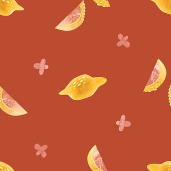 Lemons, lemon slices and pink lemon flowers. Seamless watercolor pattern for fabric, wallpaper, wrapping paper, packaging cosmetics, tablecloths, curtains and home textiles