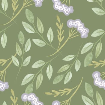 White oregano and soft green branches with leaves. Seamless watercolor pattern for fabric, wallpaper, wrapping paper, packaging cosmetics, tablecloths, curtains and home textiles