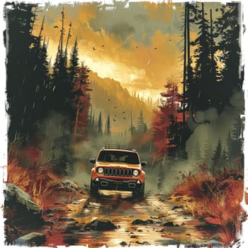 A car is driving down a road in the woods. The car is a Jeep Wrangler. The sky is filled with clouds and the moon is visible in the background