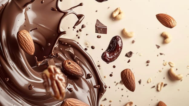 Nuts and chocolate splash, food dessert and confectionery industry
