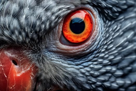 A close up of a bird's eye with a red iris. The eye is surrounded by feathers and the bird's beak is visible. Concept of curiosity and wonder