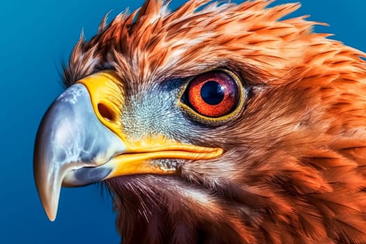 A close-up of an eagle's face with a long, curved beak and a red and blue eye, highlighting its majestic and intense gaze.