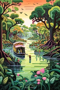 A painting of a river with a boat and a man paddling it. The painting is full of vibrant colors and has a tropical feel to it