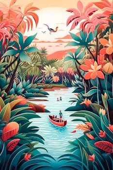 A painting of a river with a boat and a man paddling it. The painting is full of vibrant colors and has a tropical feel to it