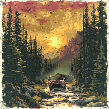 A car is driving down a road in the woods. The car is a Jeep Wrangler. The sky is filled with clouds and the moon is visible in the background