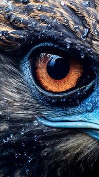 A close up of a bird's eye with blue and orange irises. The eye is surrounded by feathers and the irises are vibrant and striking. Concept of wonder and awe at the beauty of nature