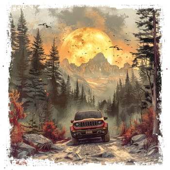 A car is driving down a road in the woods. The car is a Jeep Wrangler. The sky is filled with clouds and the moon is visible in the background