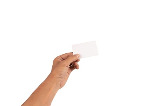 Black male hand holding a white business card mockup isolated on white background. High quality photo