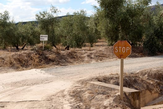 Image of a rusty stop sign on a rural dirt road surrounded by trees and a private hunting area sign.