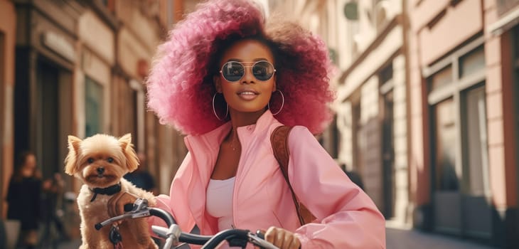 Stylish young african woman in pink with cute dog riding a bicycle in the city, black female cyclist on bike moving along the street on a summer day