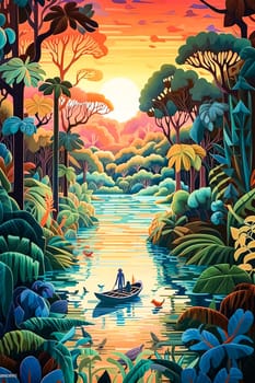 A painting of a river with a boat and a man paddling it. The painting is full of vibrant colors and has a tropical feel to it