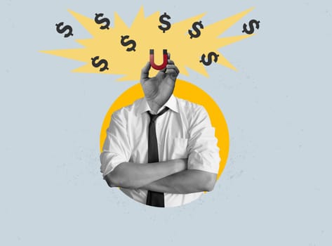 Collage with magnet attracting money. Business ideas and financial success.