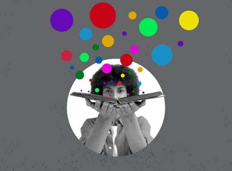 Collage with a young woman and open book as concept of idea, storytelling and creativity.