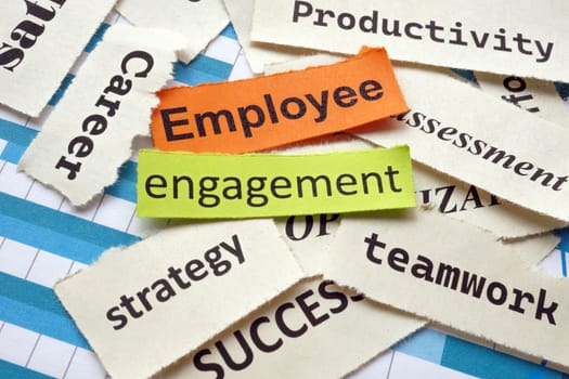 Pieces of paper with words employee engagement and others.