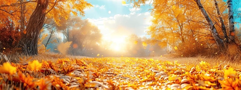 Beautiful autumn landscape with falling yellow leaves covering the ground. The blue sky and the warming sun. Natural autumnal concept. Advertising presentation with space for copy.