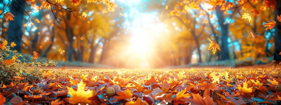 Beautiful autumn landscape with falling yellow leaves covering the ground. The blue sky and the warming sun. Natural autumnal concept. Advertising presentation with space for copy.