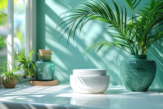 Cosmetic Composition. Beautiful green pastel cosmetic skincare makeup containers standing on white table. On the wall reflects the sunlight and shadows. Women make up concept. Copy space.