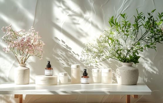 Cosmetic Composition. Beautiful ivory color cosmetic skincare makeup containers standing on white table. On the wall reflects the sunlight and shadows. Women make up concept. Copy space.