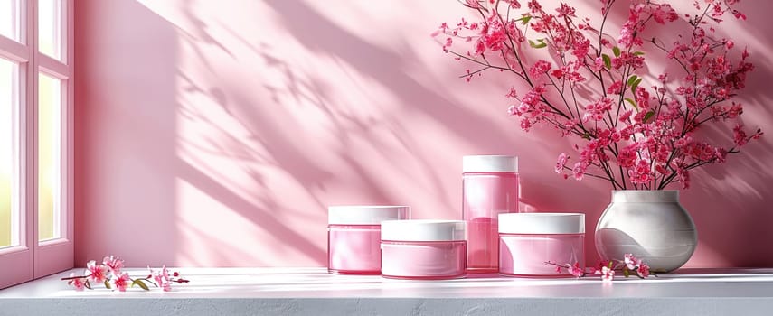 Cosmetic Composition. Beautiful pinkcolor cosmetic skincare makeup containers standing on white table. On the wall reflects the sunlight and shadows. Women make up concept. Copy space.