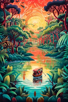 A painting of a river with a boat and a man paddling it. The painting is full of vibrant colors and has a tropical feel to it