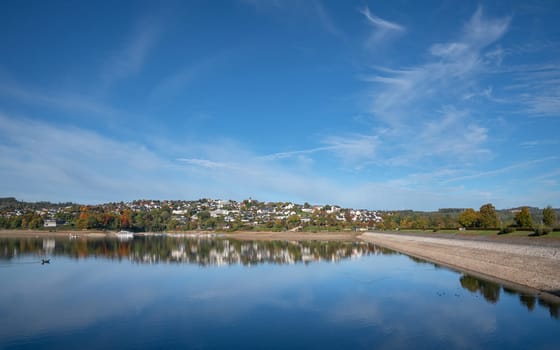 SUNDERN, GERMANY - OCTOBER 12, 2022: Panoramic image of Lake Sorpe close to Sundern on October 12, 2022 in Sauerland, Germany