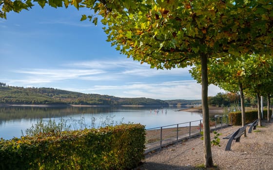 SUNDERN, GERMANY - OCTOBER 12, 2022: Panoramic image of Lake Sorpe close to Sundern on October 12, 2022 in Sauerland, Germany