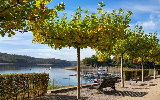 SUNDERN, GERMANY - OCTOBER 12, 2022: Panoramic image of Lake Sorpe close to Sundern on October 12, 2022 in Sauerland, Germany