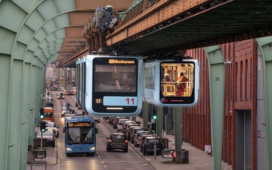 WUPPERTAL, GERMANY - FEBRUARY 22, 2023: Suspension railway of Wuppertal on February 22, 2023 in Bergisches Land, Germany