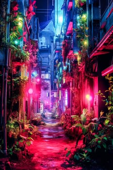 A man stands in a brightly lit alleyway with colorful lights. The scene is vibrant and lively, with the man appearing to be the focal point of the image. The alleyway is filled with greenery