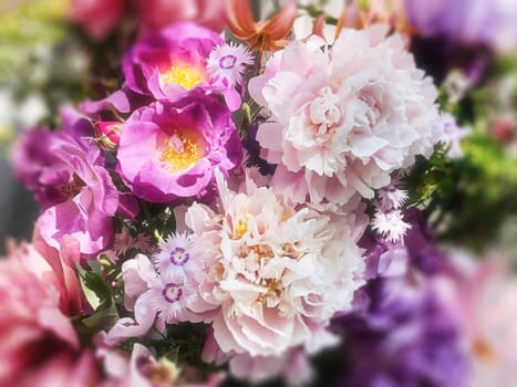 Romantic bouquet with peonies from spring flowers of the country garden. Home decor and the art of arranging bouquets. bouquets. 