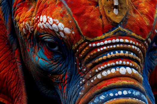 A colorful elephant with a flower painted on its face, showcasing a vibrant and artistic design.
